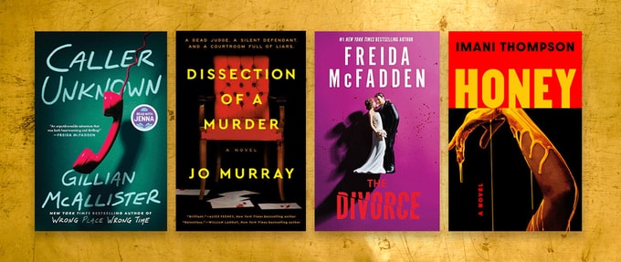 Four book covers set against yellow background.