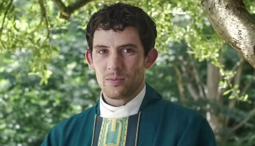 jud-duplenticy_book-to-read-based-on-your-favorite-wake-up-dead-man-character Josh O'Connor as Father Jud Duplenticy in 'Wake Up Dead Man.'