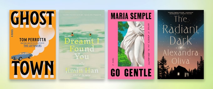 Four book covers set against green and blue background.