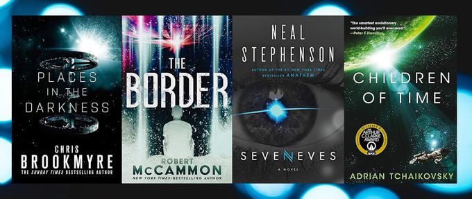 Covers of three books on this list over blue lights