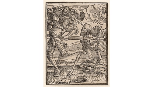 Illustration of knight being speared by death.