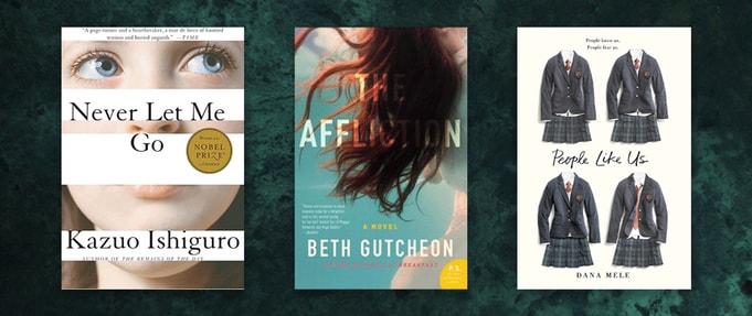 Three boarding school mysteries set against murky blue background.