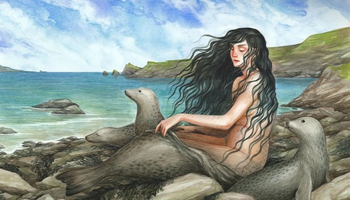 Creepy Mythical Creatures for Cancer Season The Selkie character sitting on ocean rocks