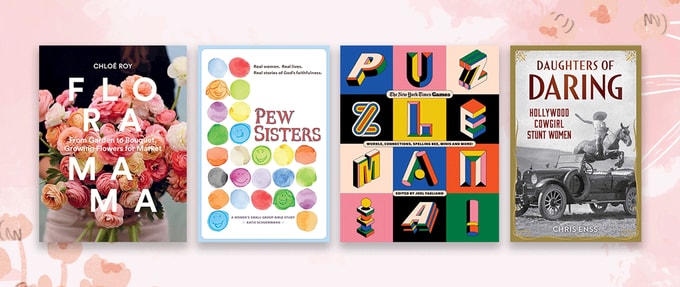 Four book covers set against floral background.