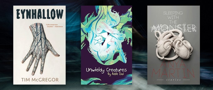 Three book covers set against dark background.
