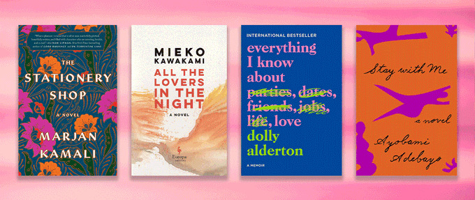 Four books set against pink background.