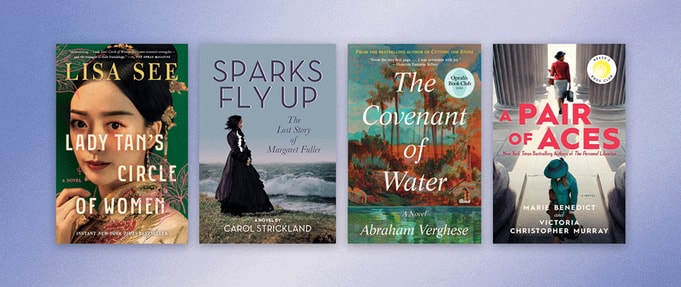 Four book covers set against purple background.