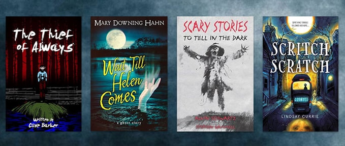 Best Middle Grade Horror Books 4 Covers from article against cloudy blue background