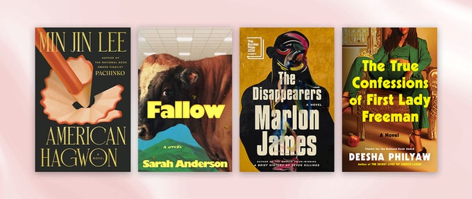 Four book covers set against light pink background.