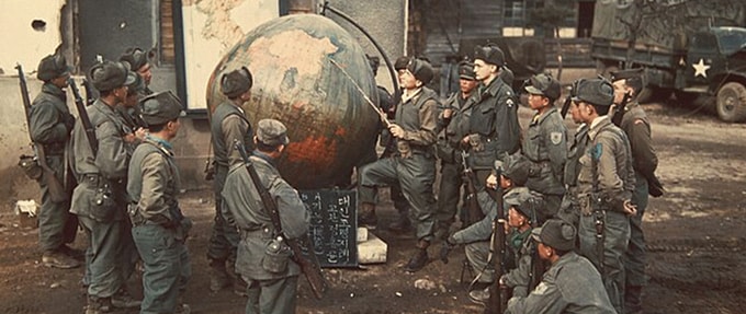 ROK officer with soldiers at headquarters in Chunju, Korea.
