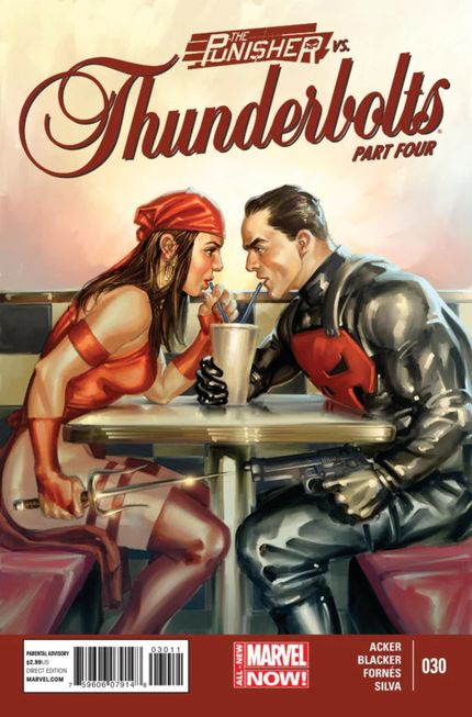 Cover of Punisher vs Thunderbolts Part Four, featuring Elektra and Punisher sharing a drink at a table, where below they draw their weapons on each other.