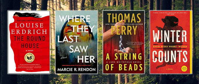 Covers of 'Winter Counts', 'A String of Beads', 'Where They Last Saw Her', and 'The Round House' over a forest background 