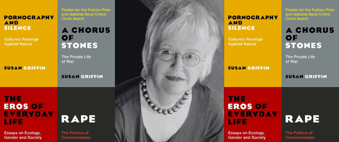 The covers of Susan Griffin's books next to a photo of her.