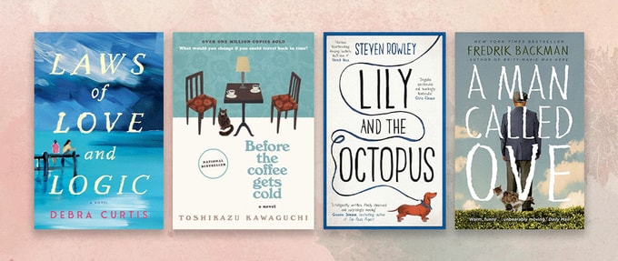 Four book covers set against pink and blue background.