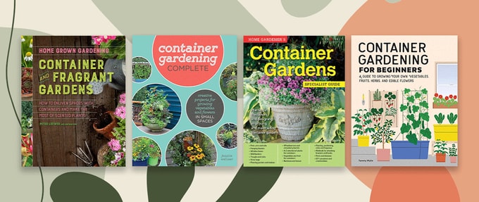 Four book covers set against green and orange background.