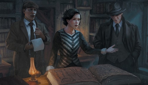 Three people gathered around an ancient looking book.