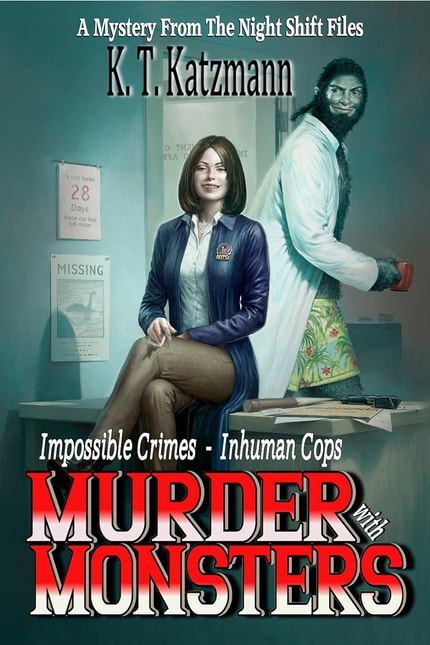 Woman with nypd badge and a sasquatch wearing a white coat on the cover of Murder With Monsters 