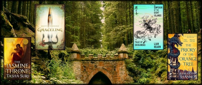 Stone tunnel entrance in green forest with college of high fantasy books