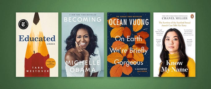Four book covers set against olive green background.