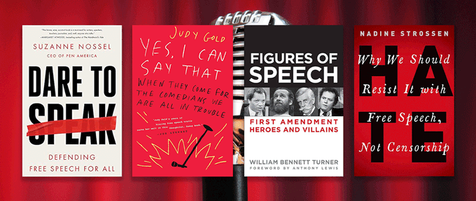 Covers of books about free speech against red background with mic.