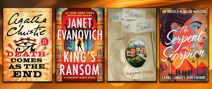 covers of 'Death Comes as the End', The King's Ransom', 'The Shape of Sand', and 'The Serpent and the Scorpion' over a desert background.