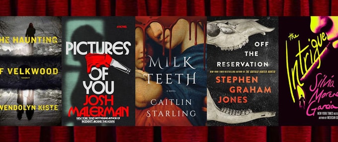 newest-books-from-your-horror-faves_feature Five book covers over red curtain background