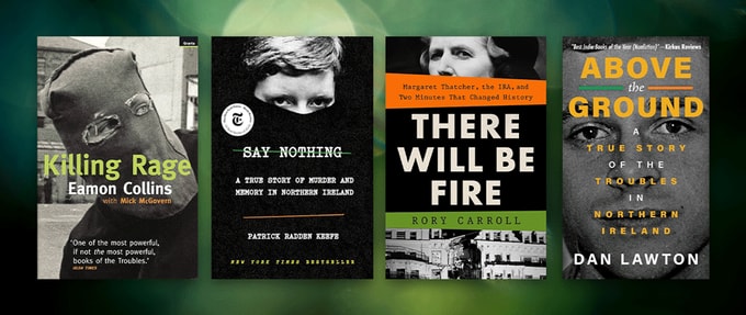Four books about the troubles set against green background.