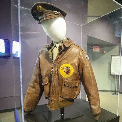 Photo of a bomber jacket and hat are displayed at The National Museum of the Mighty 8th Air Force in Pooler, Georgia.