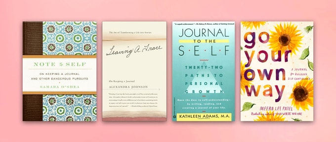 Four book covers set against pink background.