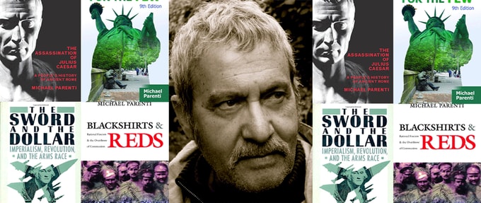 Four of Michael Parenti's books surrounded by photo of him.