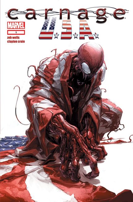 Cover of Carnage USA #1, featuring Carnage crouching, wrapped in an American flag.