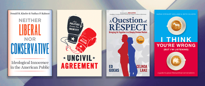 Four covers set against blue background.