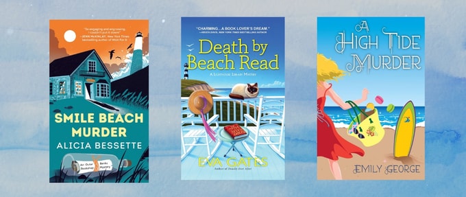 three book covers on a blue background