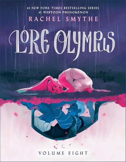 Cover of Lore Olympus: Volume Eight, featuring a bright pink Persephone and a blue Hades pressed against a horizontal divide.
