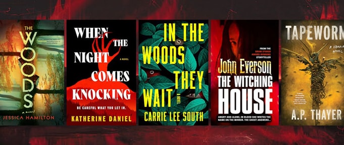 Five books from article over dark red background