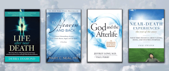 Books-about-near-death-experiences_feature Covers of 'To Heaven and Back', 'God and the Afterlife', 'Life After Near Death', and 'Near-Death Experiences' over a cloudy sky.