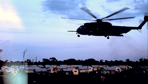 Helicopter flying over Jonestown