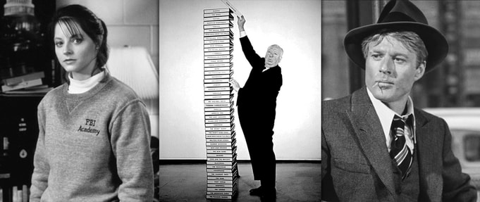 Photos of Jodie Foster, Alfred Hitchcock, and Robert Redford.