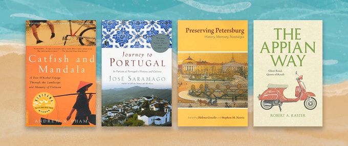 Four book covers set against illustration of waves.