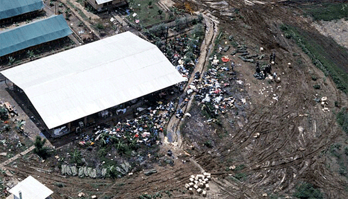 An aerial view of the bodies of the victims of the Jonestown tragedy.