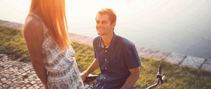 Photo of guy looking lovely at girl. 
