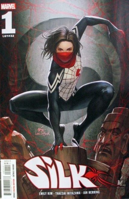 Cover of Silk #1 Inhyuk Lee Variant, featuring Silk crouching on her toes surrounded by statues.