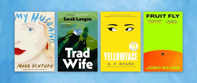 Four book covers set against blue background.