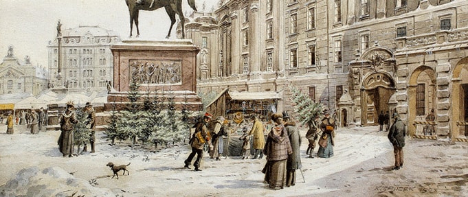 Trees on sale at a Christmas market in Vienna, in a painting by Carl Wenzel Zajicek from 1908.