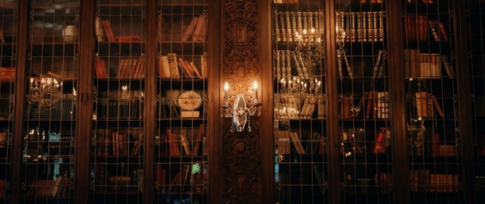 Bookshelves in dark library and light fixture