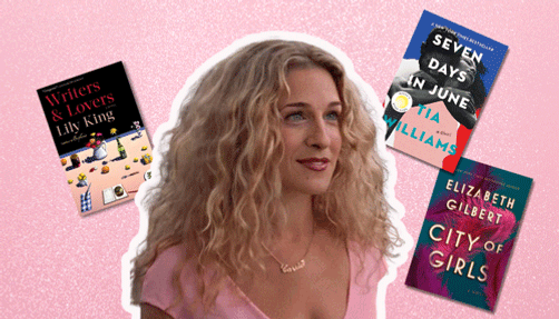 Photo of Carrie Bradshaw with three books.