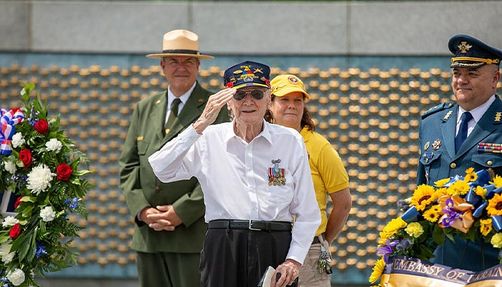 A WWII veteran salutes on VE Day 2024