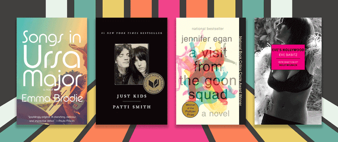 Covers of "Songs in Ursa Major," "Just Kids," "A Visit from the Goon Squad," and "Eve's Hollywood"