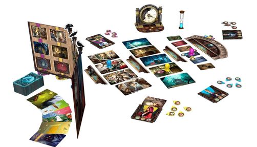 mysterium_mystery-and-thriller-gift-guide-zodiac-sign The pieces of Mysterium, a board game, spread out.