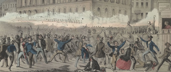 Ilustration of the Great riot at the Astor Place opera house.